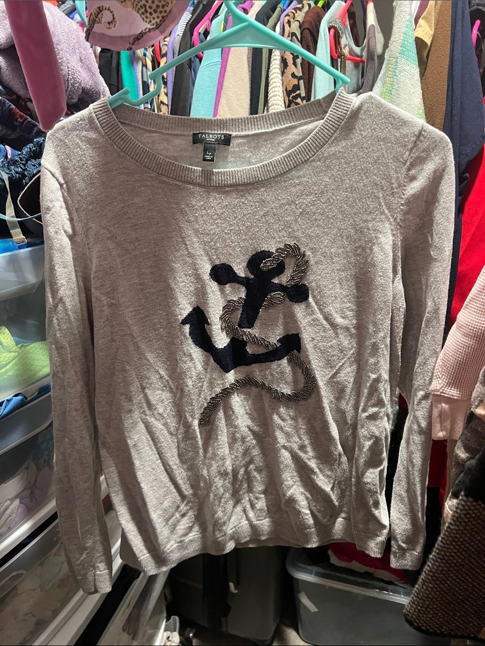 Talbots Light Gray Crewneck Sweater with Navy Anchor Embroidery